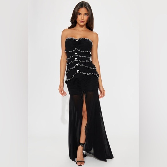 NWT Klesis Black/White Ruffle Mesh Strapless Maxi Dress Size Small - Picture 1 of 14
